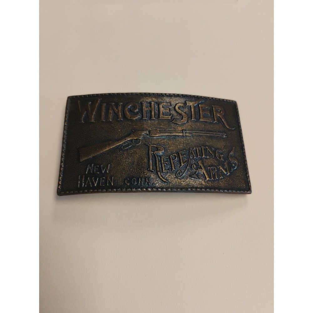 Brass Winchester Rifle Repeating Arms Belt Buckle New Haven, Conn Vintage